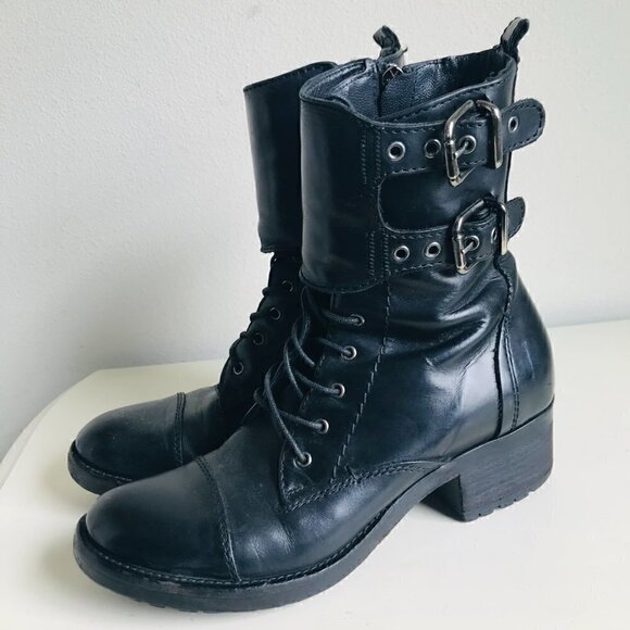 Alberto Fermani Black Leather Lace Up Buckles Combat Moto Boots Size US 6 EU 36 - Picture 4 of 8